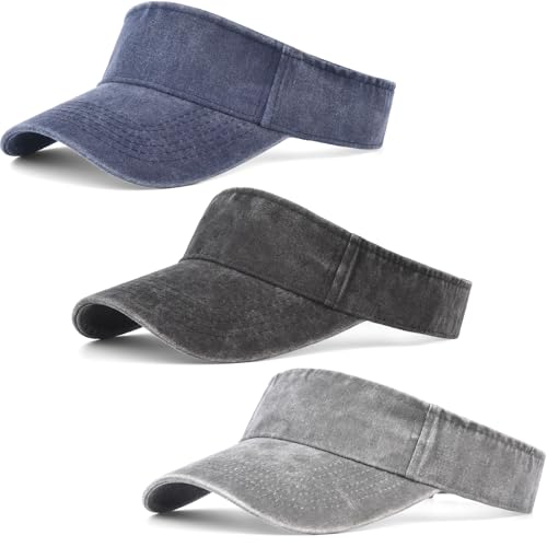 Sun Visor Hat Pack - Adjustable Cotton Golf Running Tennis Caps for Women & Men - Black, Navy Blue, Gray