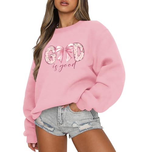 KEEVICI God Is Good Christian Sweatshirts for Women Bow Jesus Cute Bible Verse Sweatshirt Faith Religious Graphic Hoodies