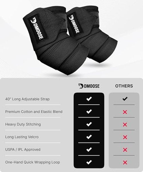 DMoose Fitness Elbow Wraps for Weightlifting (Pair) - 40'' Adjustable Elbow Strap for Gym Workout, Bench Press & Powerlifting - Compression Wraps for Tendonitis & Joint Support (Green Stripes)