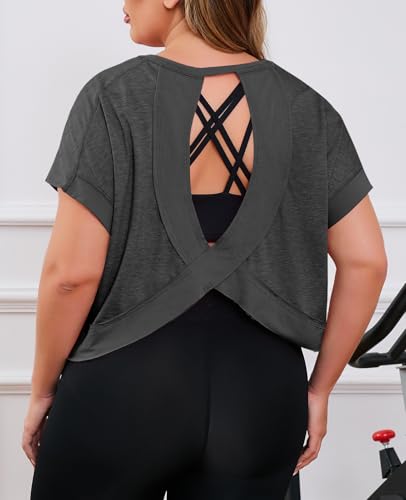 Plus Size Open Back Workout Top - Dark Grey XL Women's Athletic Shirt