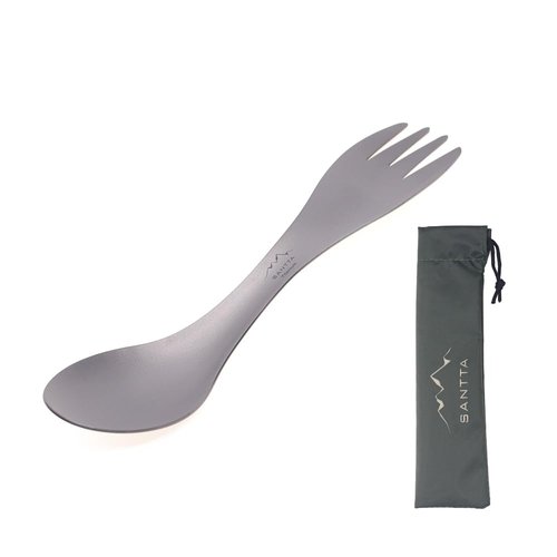SANTTA 2-in-1 Lightweight Titanium Travel Spork with Carry Bag, Spoon Fork Combo Utensil for Hiking, Backpacking, Camping and Traveling