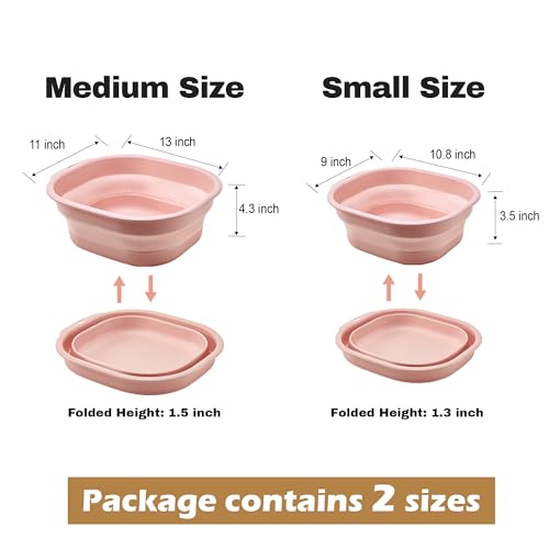 Pink Collapsible Wash Basin Set of 2 Portable Folding Plastic Bins for Laundry & Camping