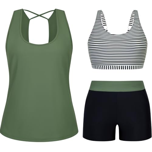 X-Large White Stripes 3 Piece Swimsuits for Women Tankini Sets Modest Bathing Suit