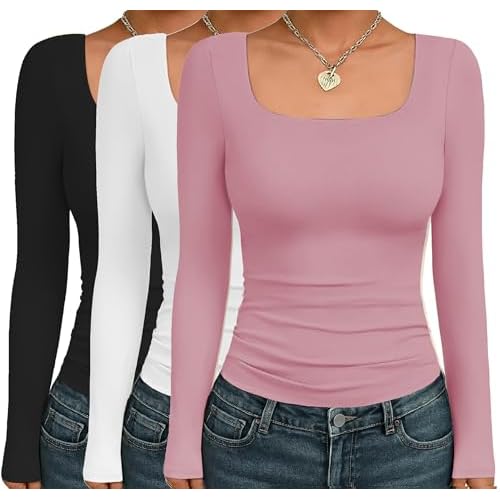 Ekouaer Womens 3 Pack Long Sleeve Shirts Square Neck Basic Tops Fitted Tee Thermal Undershirts XS-XXL