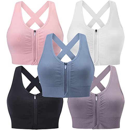 Women's Zip Front Post-Surgery Sports Bras Wireless Padded Mastectomy Bra 5 Pack - X-Large Black White Dusty Blue Purple Pink