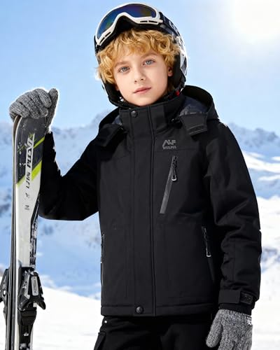 WULFUL Kids Waterproof Ski Jacket - Snow Coat for Boys 14-16 Years - Black