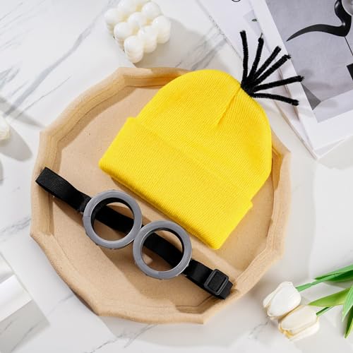 2Pcs Costume Accessories Adult Steampunk Goggles Glasses Yellow Beanie Knit Hats Women Mens Halloween Cosplay Party