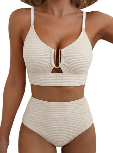 Herseas Women High Waisted Wired Textured 2-Piece Bikini Set - Large Beige