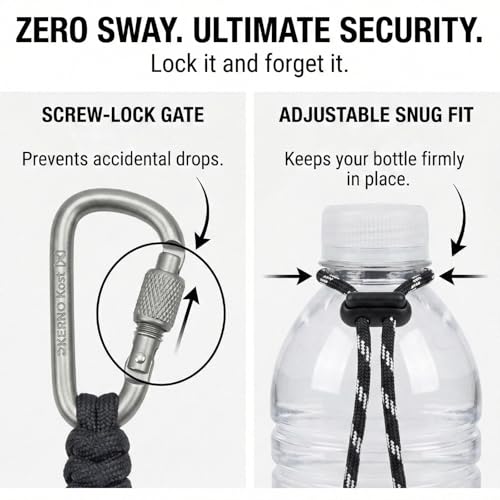 Black Paracord Water Bottle Carrier with Locking Carabiner - Hiking & Outdoor
