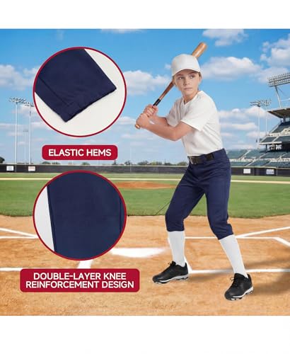 Girls Softball Pants with Pockets - Knickers Style, 12.5-19 inch Inseam, Navy, Medium