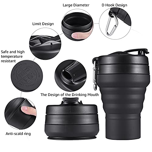 Collapsible Coffee Cup, 16 OZ 480ml Silicone Travel Folding Cup, Leak Proof BPA Free Portable Cup, Travel mug with Lids for Camping hiking (16OZ)