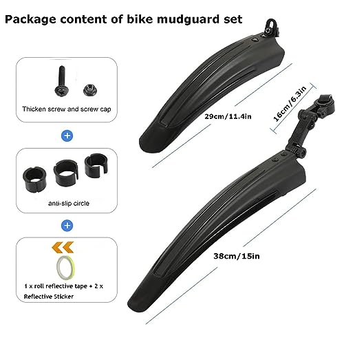 TuTuYa Bike Fender Set, Adjustable Bicycle Mudguards with 2 Arrow Reflective Stickers and 1 Reflective Tape, for 20-26 inch Bikes, Universal Front and Rear Tire Mud Guard for Most of Popular Bicycles