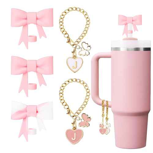 Pink Bow for Stanley Straw Topper- 3pcs Cute Cup Bow Straw Cover Silicone Cap 10mm with 2pcs Initial Letter Charms Name Id Personalized Accessories 40/30 Oz Tumbler Water Bottle Cups J