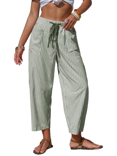 Women's Faux Linen Striped Barrel Capri Pants with Drawstring - Medium Grey Green