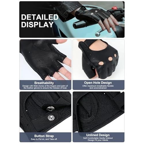 GSG Men Fingerless Gloves Driving Leather Cycling Half Finger Motorcycle Unlined Gloves for Cycling