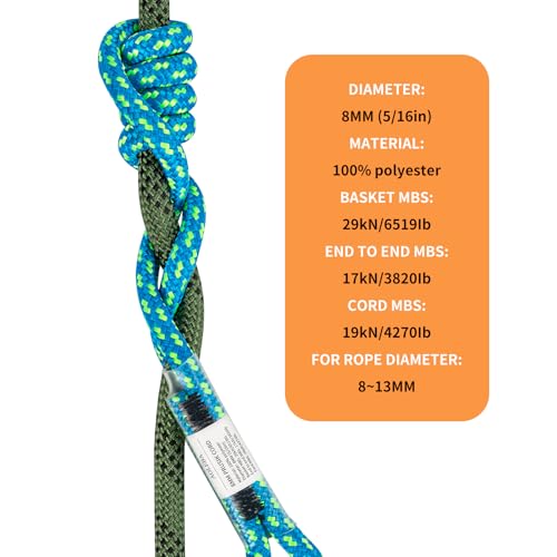 Blue 8mm Pre-Sewn Eye-to-Eye Prusik Cord for Climbing & Rescue - 30 Inches, Pack of 3