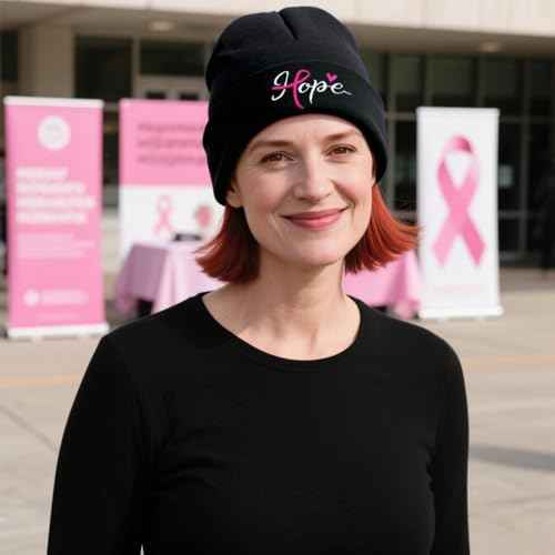 Waldeal Breast Cancer Awareness Beanie Hat for Women, Knit Cuffed Embroidered Pink Ribbon Warm Winter Cap, Black