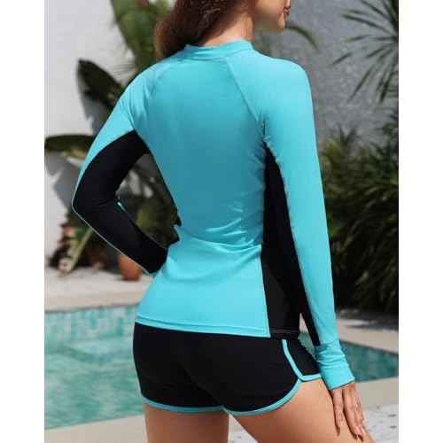 Daci Women Two Piece Rash Guard Long Sleeve Bathing Suit UV Block Swimsuits Boy Shorts Bottom Swim Shirt