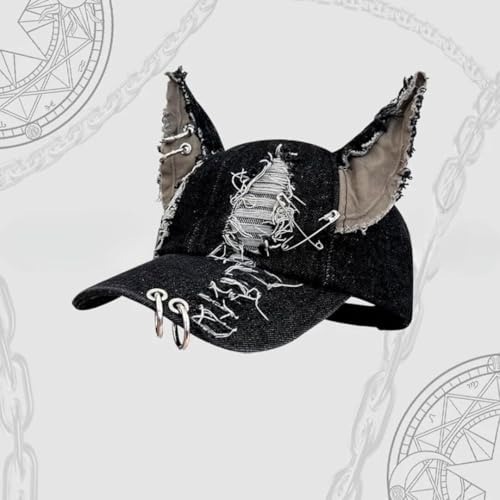 Cat Ear Baseball Cap Iron Ring Trucker Hat Women Caps Distressed Denim Baseball Cap Grunge Aesthetic Hat
