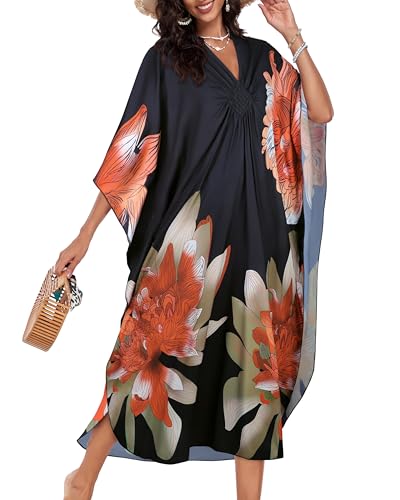 Kaftan Dresses for Women V Neck Caftans Batwing Sleeve Beach Cover Ups - Orange Green Floral