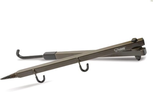 HME Durable Secure Convenient Portable Folding Tree Stand Bow Hanger w/Two Accessory Hooks - Extends to 20", Folds to 10", Olive