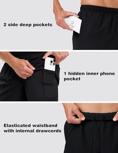 Men's 2-in-1 Athletic Running Shorts - Large Black, Quick Dry Workout Gym Shorts with Pockets & Liner