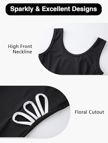 Kids Gymnastics Leotard Outfit with Sparkly Bow Back Biketard & Tumbling Shorts - Black Floral, 9-10 Years