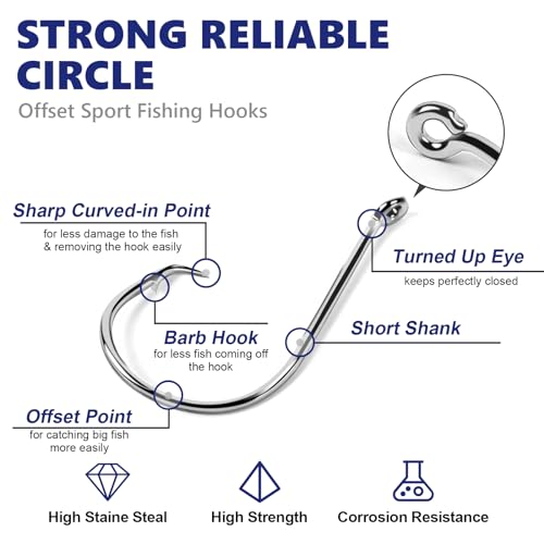 Saltwater Circle Hooks for Catfish Fishing 40pcs Size 1/0 Silver - Offset Point