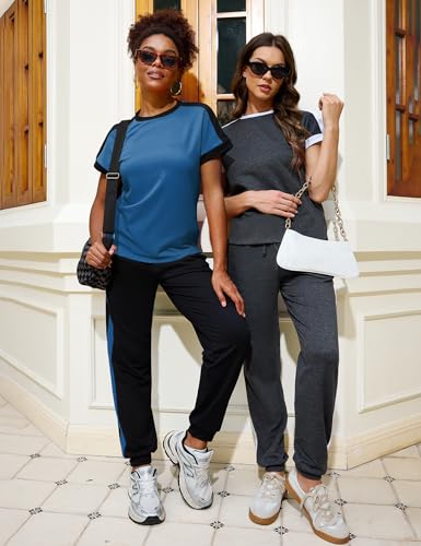 Marvmys Women's 2 Piece Summer Outfits - Large Dark Blue Color Block Tracksuit Set for Travel