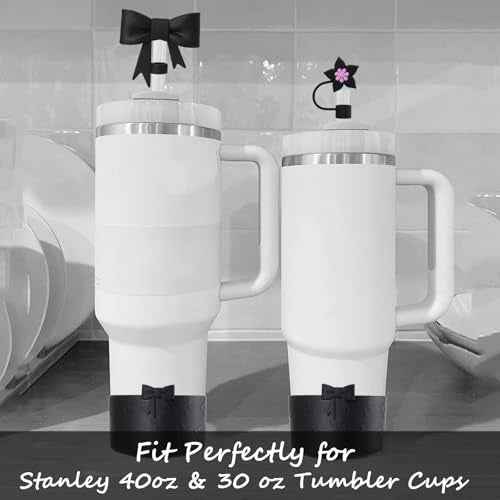 Stanley Tumbler Accessories Set Including 4 Pcs Siliocne Straw Covers Toppers Caps for 10mm/0.4 in Straws,1 Pcs Siliocne Boot for Stanleys Cup 40oz 30oz 20oz - Black