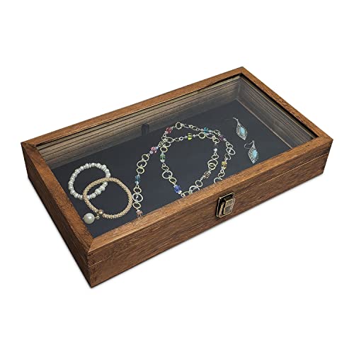 Wood Jewelry Display Case with Tempered Glass Top - Brown, 2.75 Inch High