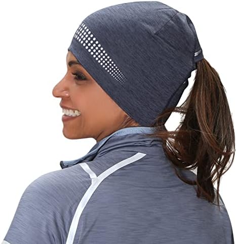 TrailHeads Ponytail Hat - Adrenaline Series | Women’s Running Beanie with Reflective Accents | Black Skull Cap