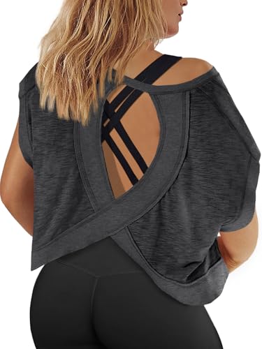 Plus Size Open Back Workout Top - Dark Grey XL Women's Athletic Shirt