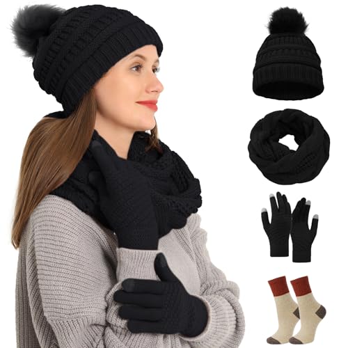 4pcs Winter Beanie Hat Scarf Touch Screen Gloves Warm Knit Socks Set for Women Knit Hat with Faux Fur Ball Scarves Glove