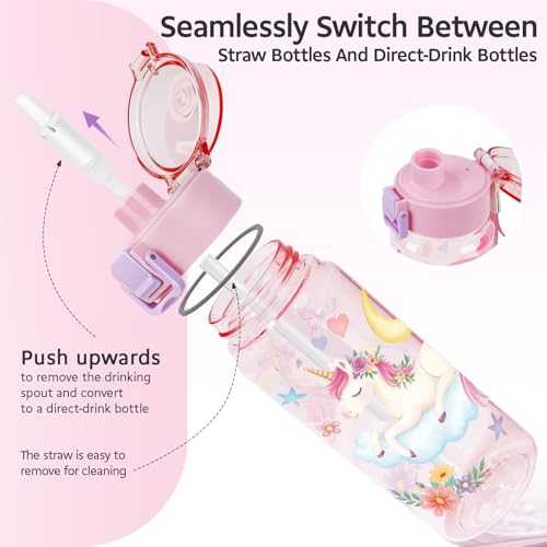 Pink Unicorn Kids Water Bottle 18.6oz BPA-Free Tritan with Handle & Straw