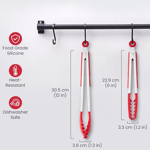 Heat-Resistant Pasta Tongs Set 9 & 12 Inches with Silicone Heads - Red