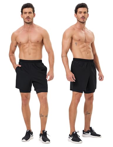 Men's 2-in-1 Athletic Running Shorts - Large Black, Quick Dry Workout Gym Shorts with Pockets & Liner