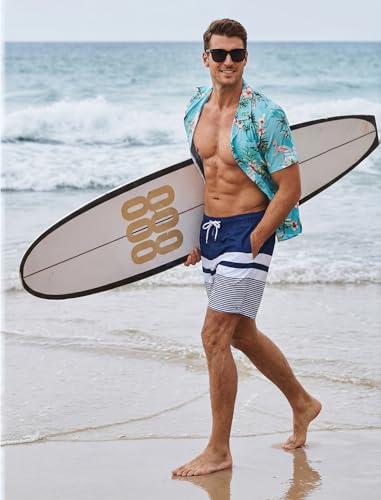 Men's Swim Trunks with Compression Liner & Zipper Pockets - Large Dark Navy & White Stripes