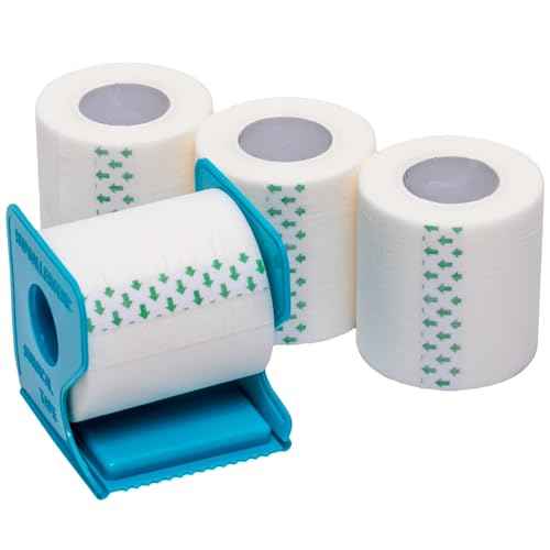 Vakly Paper Medical Tape with Dispenser 2"x10 Yards for Emergency First Aid [4 Rolls + Dispenser] Lightweight Breathable Microporous Adhesive Latex Free Hypoallergenic Bandage & Wound Dressing Tape