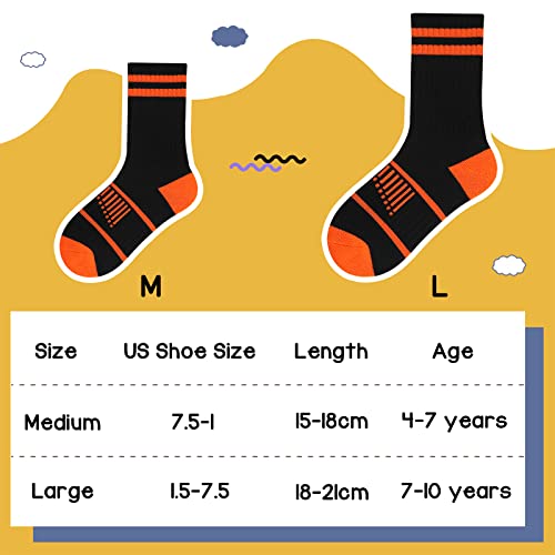 Comfoex Boys Crew Socks - Athletic Half Cushioned Calf Socks for 7-10 Years, Black - 6 Pairs