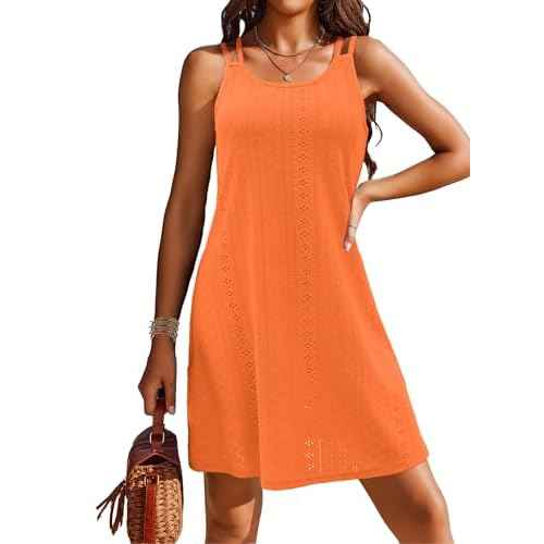 Womens Swimsuit Cover Up Spaghetti Strap Eyelet Embroidery Scoop Neck Sleeveless Casual Summer Dress Bikini Coverup