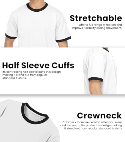 Men's Ringer T-Shirt - 100% Cotton Short Sleeve Tee for Men - Medium White & Black