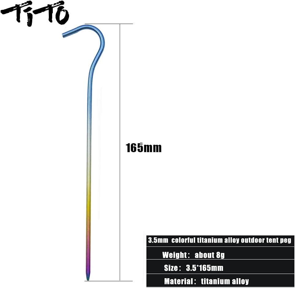 TiTo Titanium Shepherd Hook Tent Stakes Tent Pegs Tent Stakes Dia 3.5mm and Length 165mm About 8.2G.(6-Pack) (Rainbow Color)
