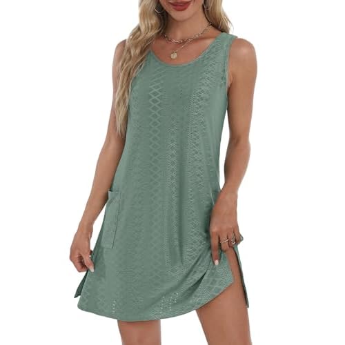 Coverup Summer Dresses for Women 2025 Eyelet Casual Loose Sleeveless Sundresses Tank Dresses with Pockets