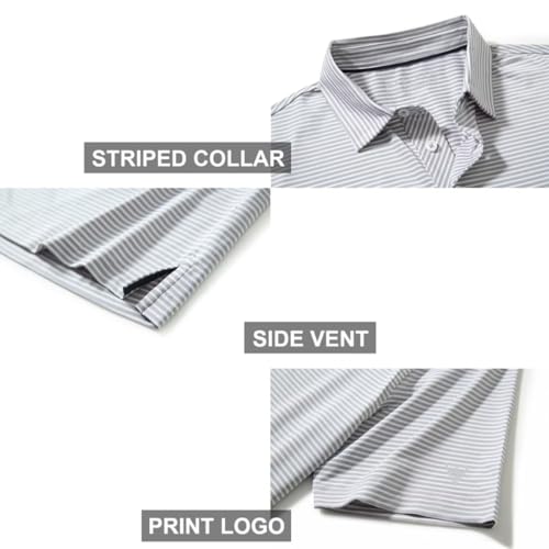 Men's Short Sleeve Striped Golf Polo Shirt - Moisture-Wicking, Dry Fit, Large Grey White Stripe