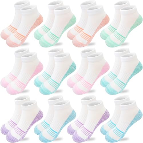 Girls Socks 12 Pairs Ankle Athletic Socks for Running & Sports – White, 6 Colors, 7-10 Years