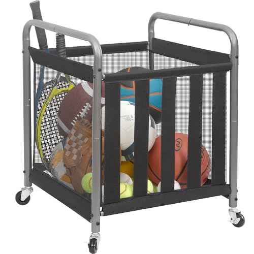 STORAGE MANIAC Ball Storage Bin Rolling Sports Ball Cart, Metal Garage Organizer Sport Rack Basketball Storage Cage for Garage or Gym, Indoor & Outdoor Sports Equipment Organizer