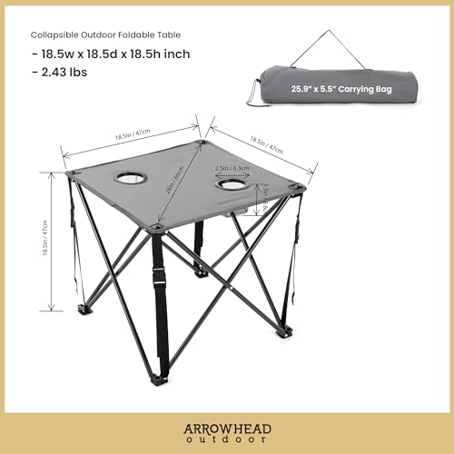 Portable Camping Folding Table - 26 Inch Square with 2 Cup Holders, Steel Frame, Grey