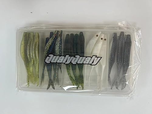 QualyQualy Soft Plastic Lures, 25pcs Spilt Tail Swimibaits for Bass Fishing, Jerkbaits Swim Baits for Trout Pike, 3.5in