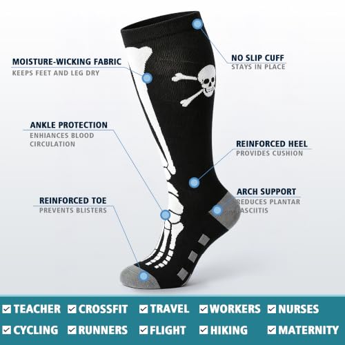 Wide Calf Compression Socks for Women & Men 20-30 mmHg Knee High 3/4 Pairs Skull Variation